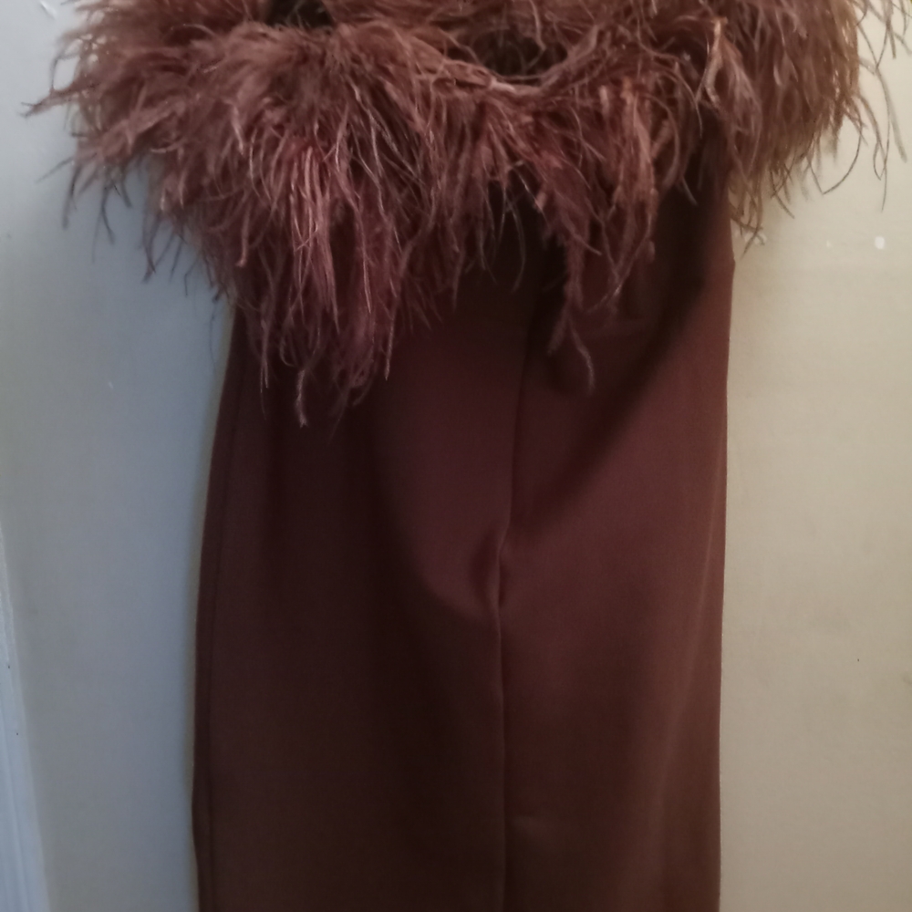 Fashion Nova Brown Feathered Midi Dress